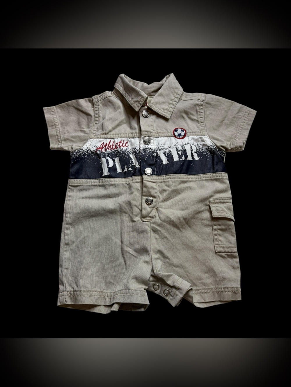 Faded Glory Y2K Baby Khaki Athletic Soccer Cargo Romper One Piece Sz 3/6 M
